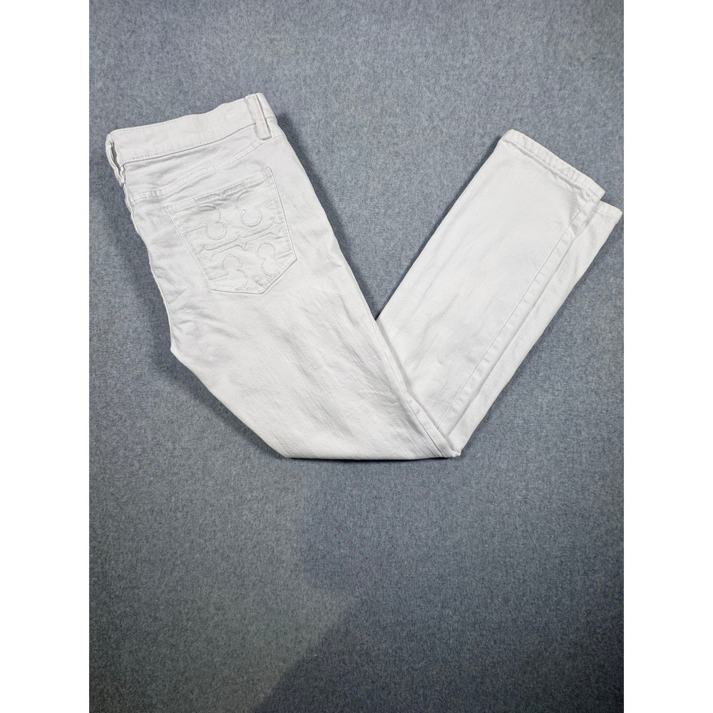 Tory Burch Womens White Straight Leg Denim Jeans Logo Pockets Size 31